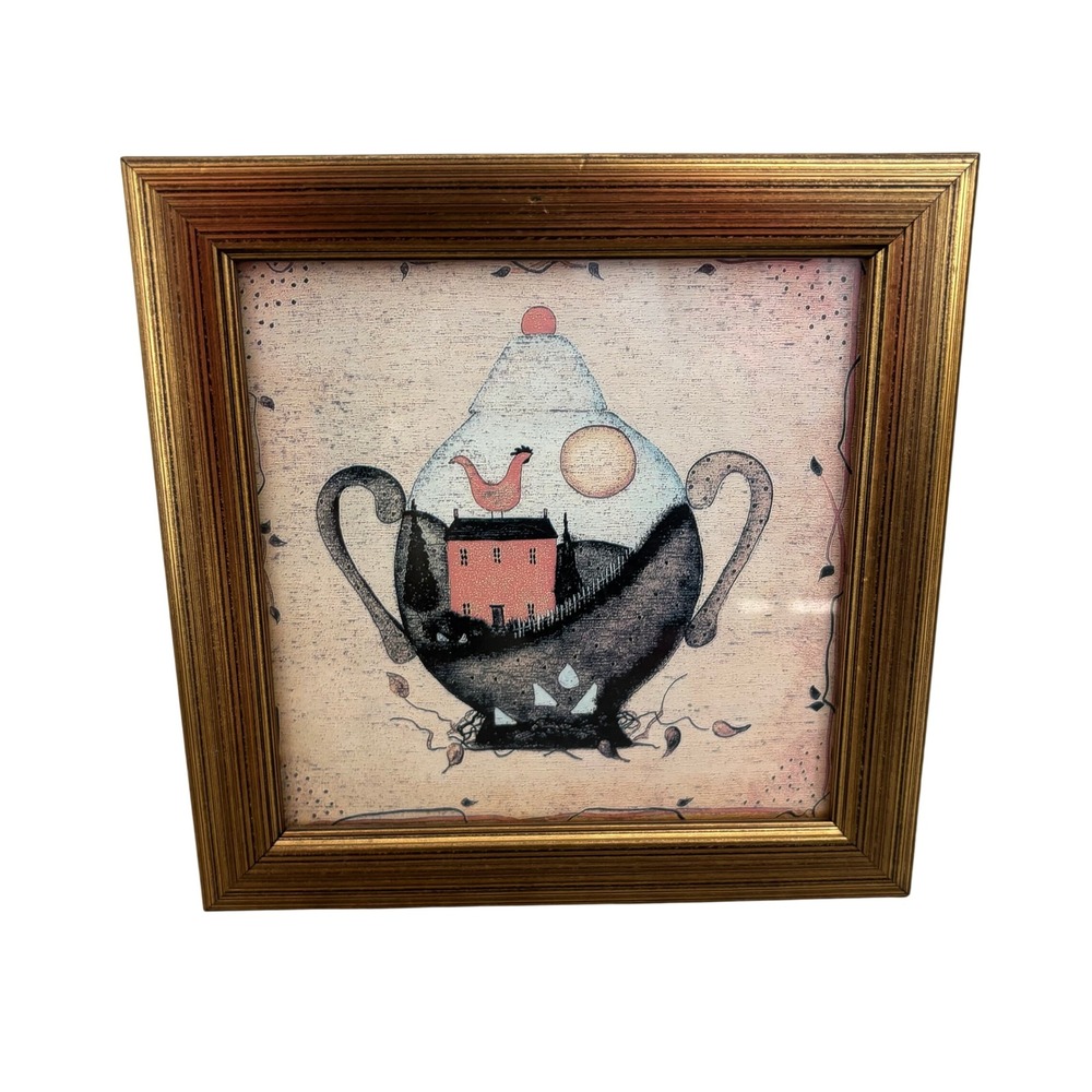 Framed Folk Art Print Unisex‎ Small Gold Teapot House Chicken Decor